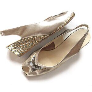 VTG 80s 90s Italian Gold Leather Butterfly Embroidered Wedge Shoes Size 38 - 7.5